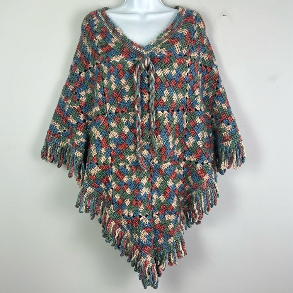 Homemade Crocheted Knit Poncho Shawl Multicolor Grandmacore Fall Winter Unique